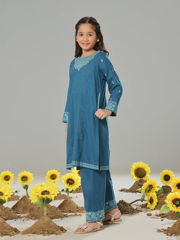 2Pc Embroidered Pret Shirt Trouser Dobby Blue - OGE2P-2405011