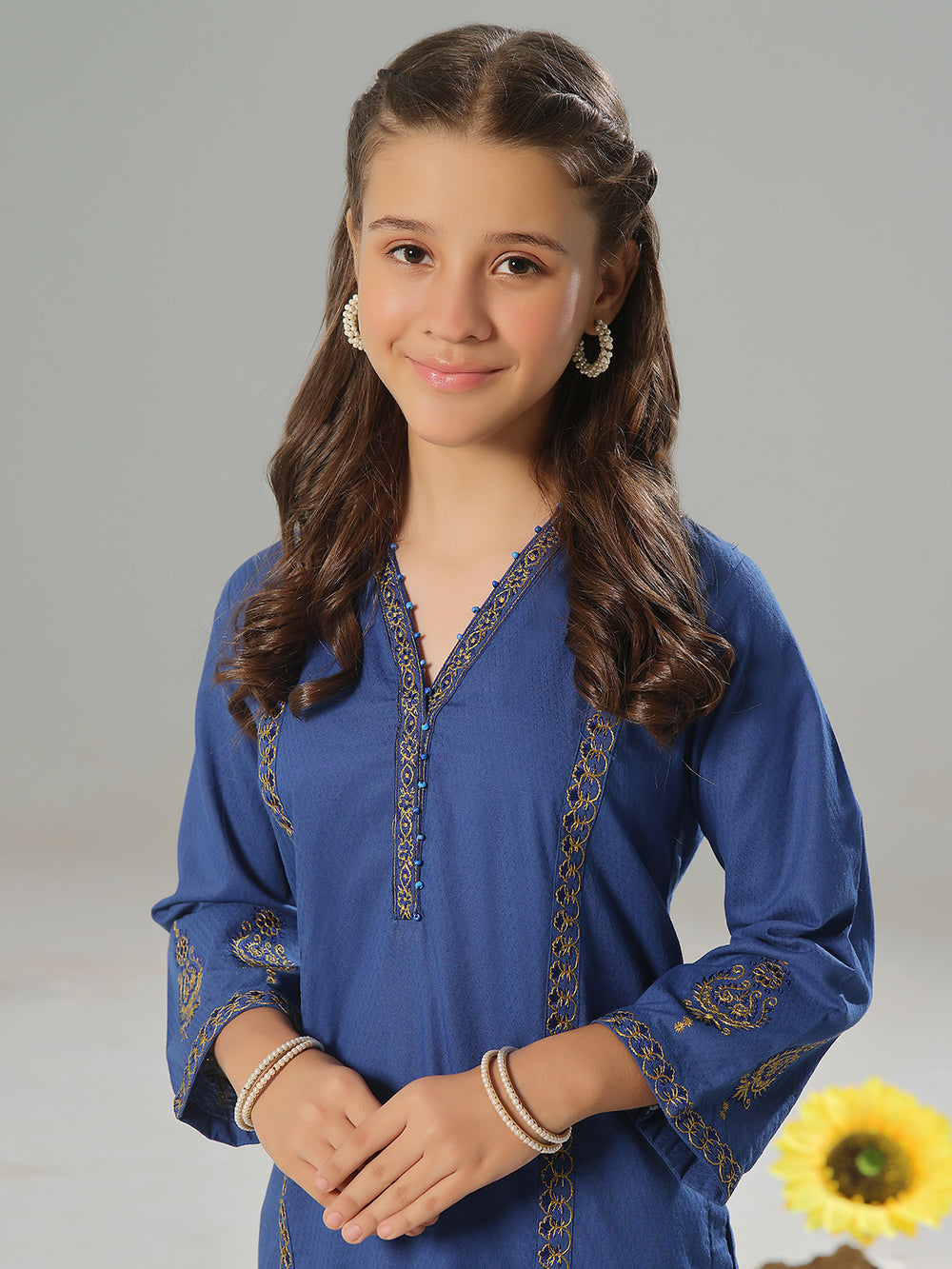 2Pc Embroidered Pret Shirt Trouser Dobby Blue - OGE2P-2405012