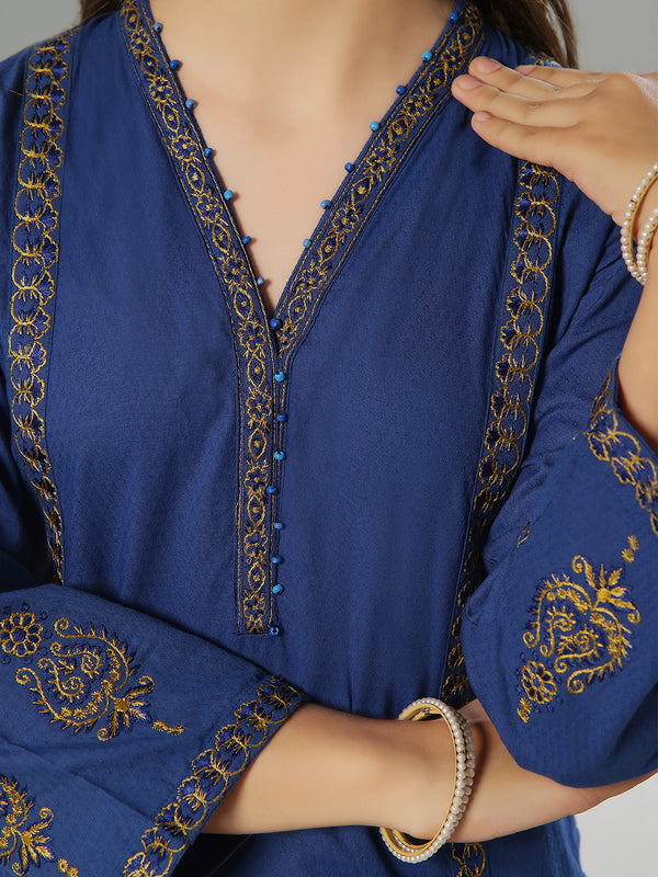 2Pc Embroidered Pret Shirt Trouser Dobby Blue - OGE2P-2405012