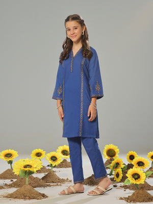 2Pc Embroidered Pret Shirt Trouser Dobby Blue - OGE2P-2405012