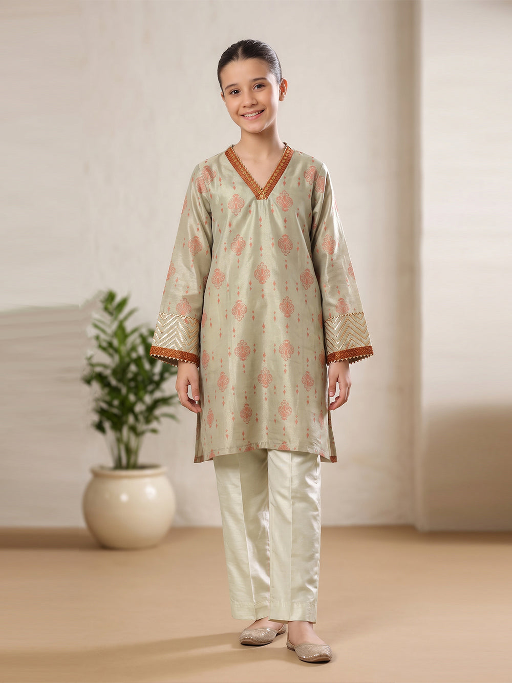 2Pc Fancy Pret Shirt Trouser Masoori Light Green - OGE2PG-2403011