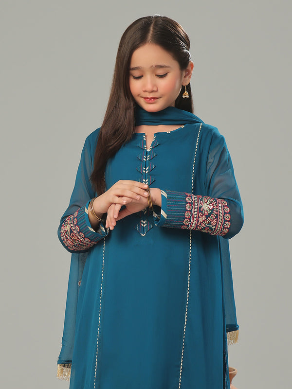 2Pc Embroidered Pret Shirt Trouser Dyed Chiffon Teal - OGE2P-2408026