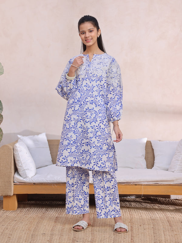 2Pc Embroidered Pret Shirt Trouser Lawn White & Blue - OGE2P-2412060