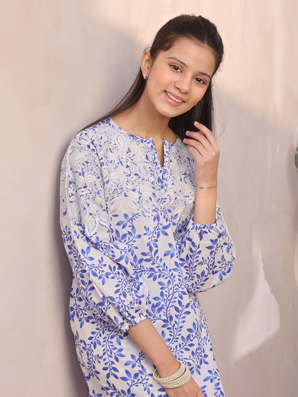 2Pc Embroidered Pret Shirt Trouser Lawn White & Blue - OGE2P-2412060