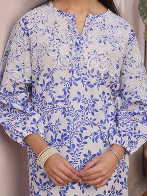 2Pc Embroidered Pret Shirt Trouser Lawn White & Blue - OGE2P-2412060