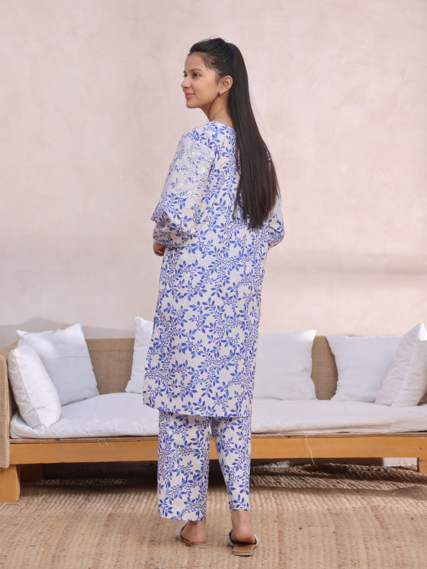 2Pc Embroidered Pret Shirt Trouser Lawn White & Blue - OGE2P-2412060