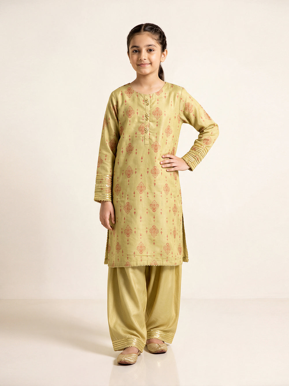 2Pc Fancy Pret Shirt Trouser Masoori Mehandi - OGE2PG-2403012