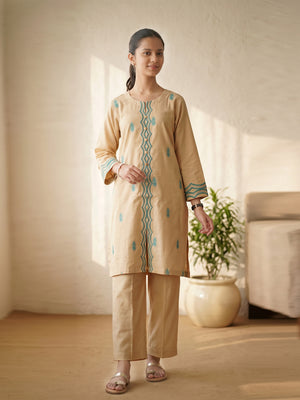 2Pc Fancy Pret Shirt Trouser Cotton Silk Jacquard Off White & Ferozi - OGE2PG-25065