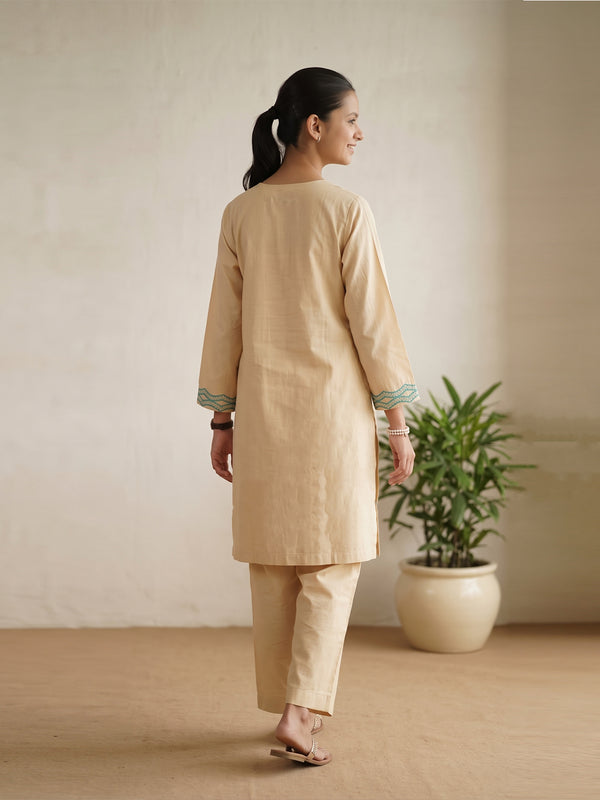 2Pc Fancy Pret Shirt Trouser Cotton Silk Jacquard Off White & Ferozi - OGE2PG-25065