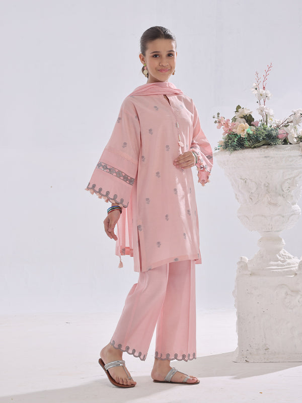 3Pc Embroidered Suit Pret Cotton Silk Jacquard Pink - OGE3P-2410019
