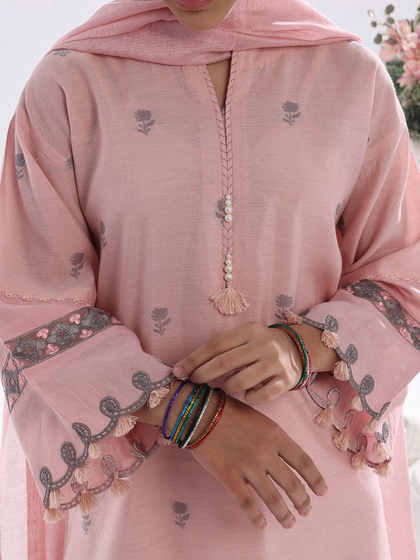 3Pc Embroidered Suit Pret Cotton Silk Jacquard Pink - OGE3P-2410019