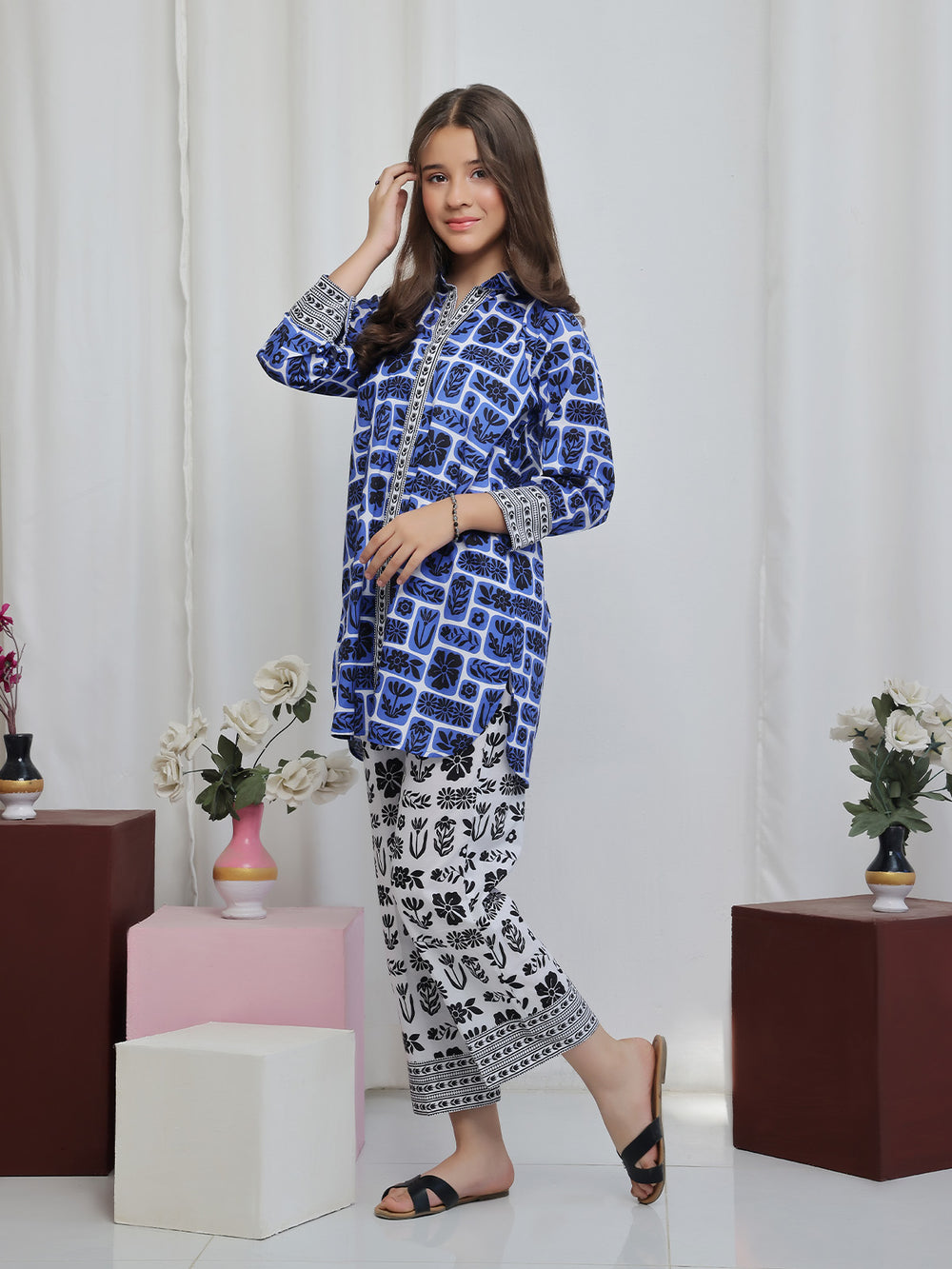2Pc Printed Pret Shirt Trouser Lawn Blue & Black - OG2P-2506001