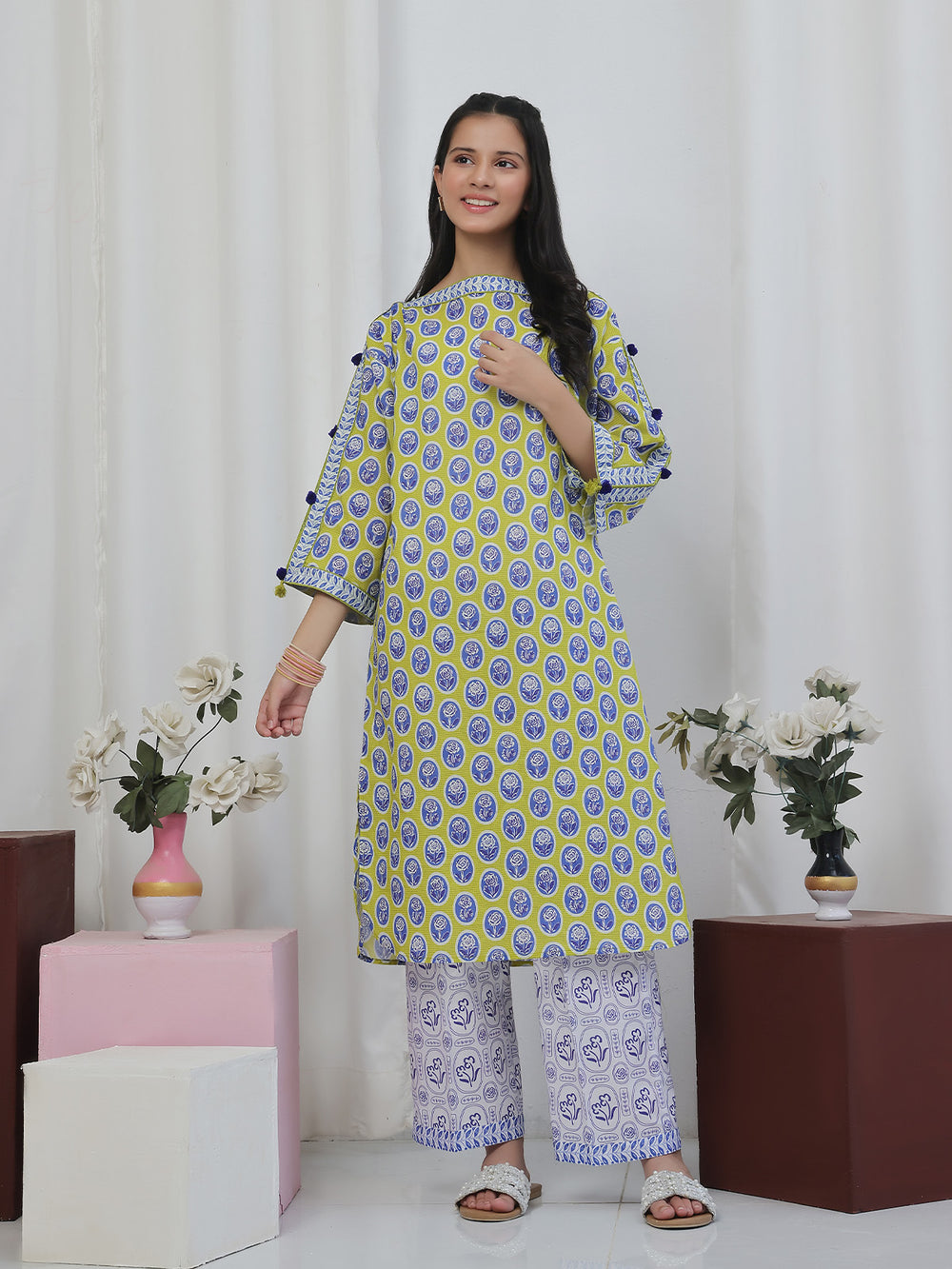 2Pc Printed Pret Shirt Trouser Lawn Green & Blue- OG2P-2506006