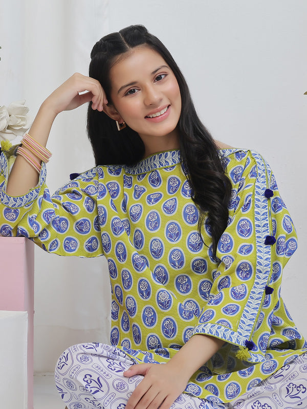 2Pc Printed Pret Shirt Trouser Lawn Green & Blue- OG2P-2506006