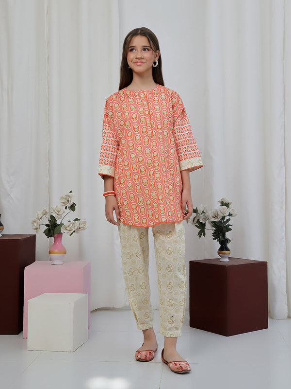 2Pc Printed Pret Shirt Trouser Lawn Orange- OG2P-2506007