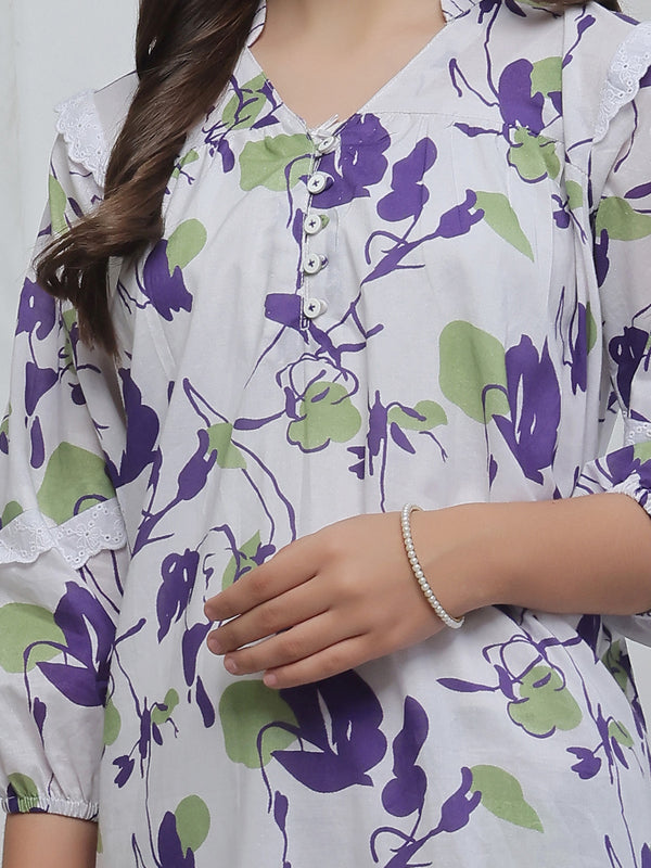 2Pc Printed Pret Shirt Trouser Lawn White & Purple - OG2P-2506011