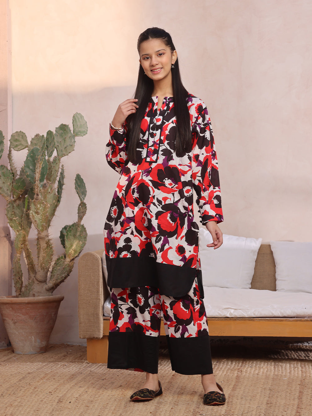 2Pc Printed Pret Shirt Trouser Lawn Red & Black - OG2P-2412006-2