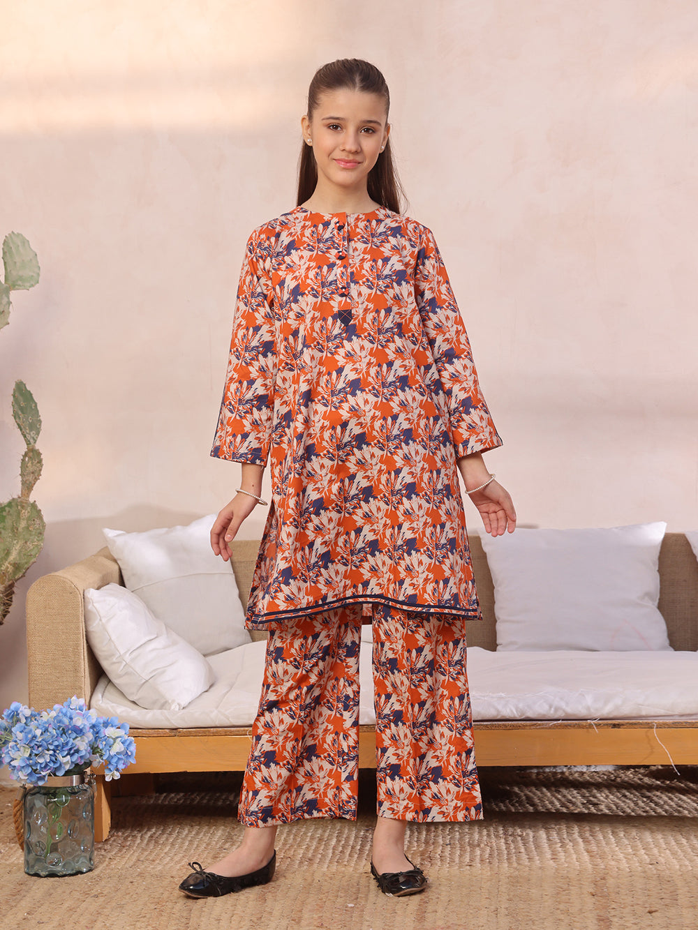 2Pc Printed Pret Shirt Trouser Lawn Orange & Blue - OG2P-2412055