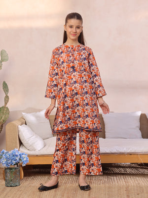 2Pc Printed Pret Shirt Trouser Lawn Orange & Blue - OG2P-2412055