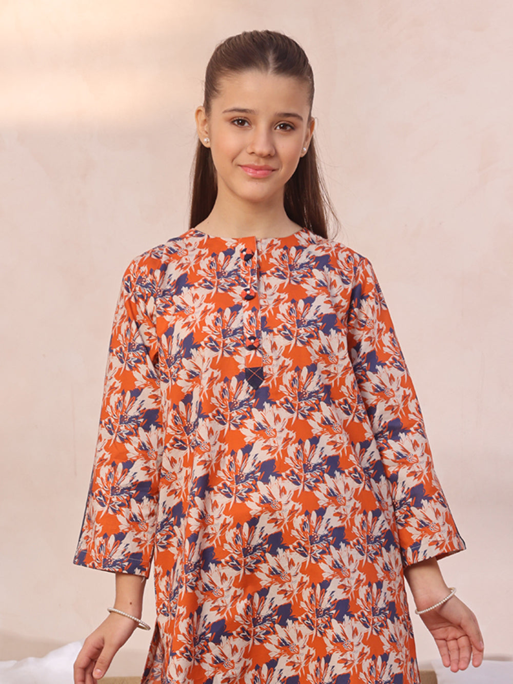 2Pc Printed Pret Shirt Trouser Lawn Orange & Blue - OG2P-2412055