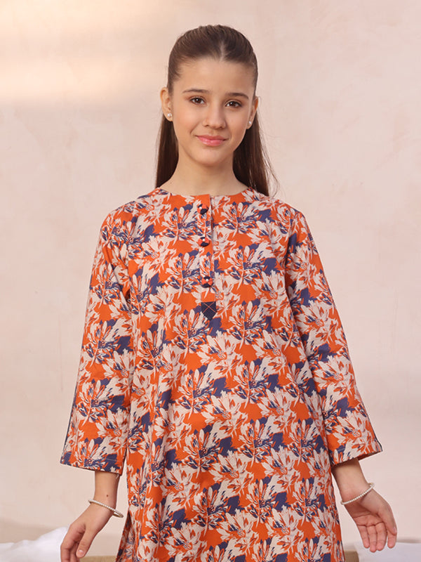 2Pc Printed Pret Shirt Trouser Lawn Orange & Blue - OG2P-2412055