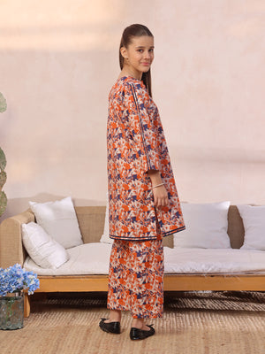 2Pc Printed Pret Shirt Trouser Lawn Orange & Blue - OG2P-2412055