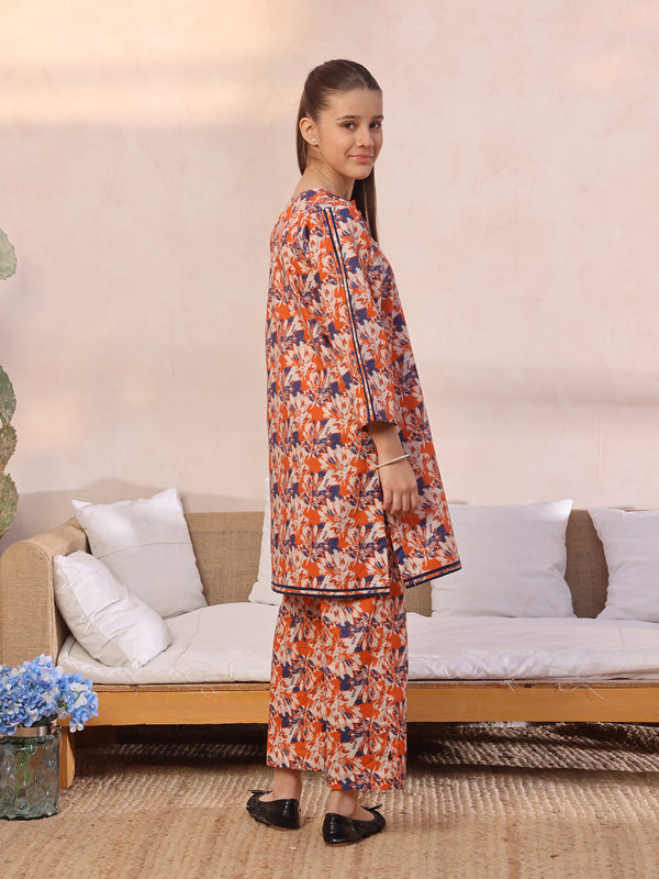 2Pc Printed Pret Shirt Trouser Lawn Orange & Blue - OG2P-2412055