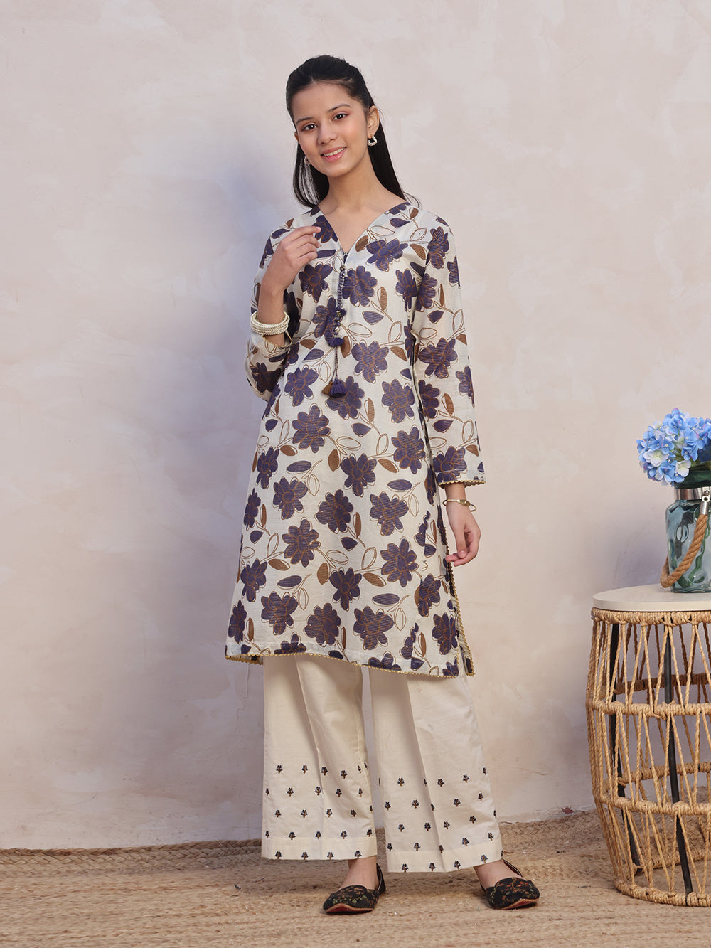 2Pc Embroidered Pret Shirt Trouser Masoori Lawn Beige & Blue - OGE2P-2412065