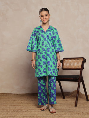 2Pc Printed Pret Shirt Trouser Cambric Green & Blue - OG2P-2412054