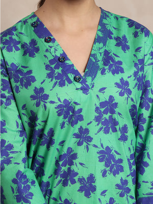 2Pc Printed Pret Shirt Trouser Cambric Green & Blue - OG2P-2412054