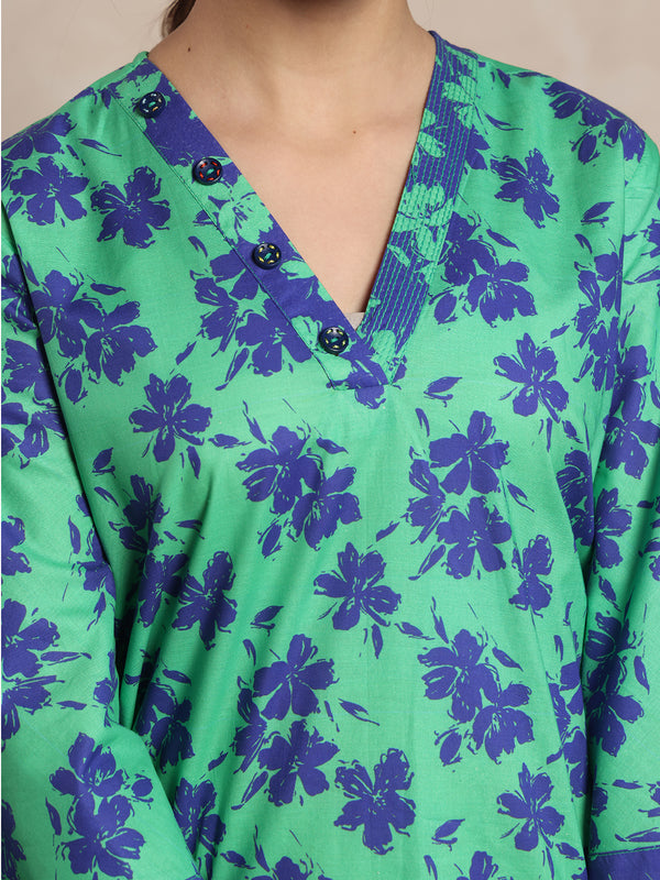 2Pc Printed Pret Shirt Trouser Cambric Green & Blue - OG2P-2412054