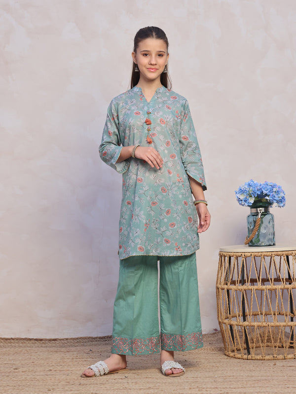 2Pc Embroidered Pret Shirt & Trouser Masoori Lawn Green - OGE2P-2412057