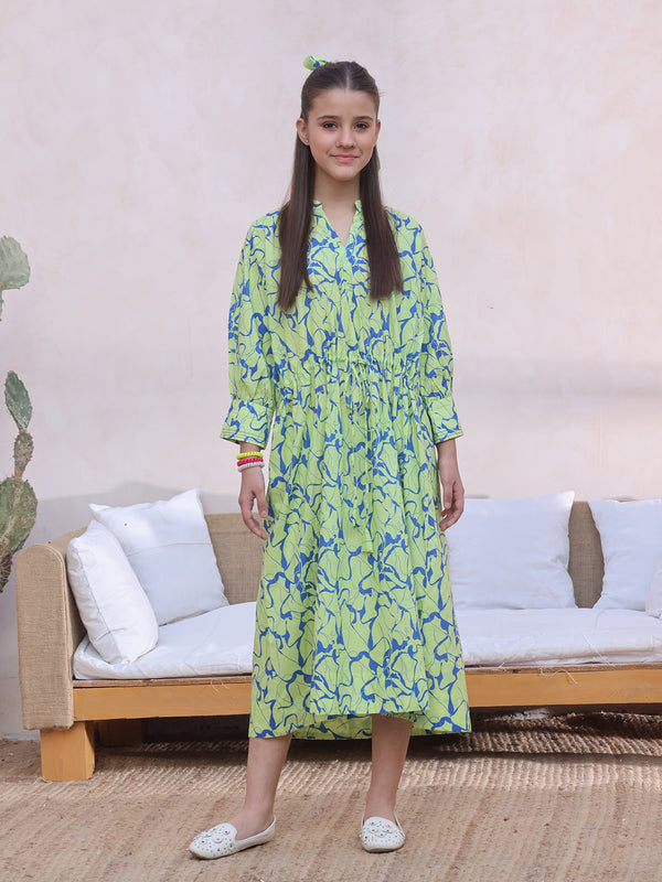 1Pc Printed Pret Kurti Cambric Green & Blue - OGKT-2412062