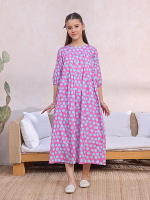 1Pc Printed Pret Kurti Lawn Pink & ferozi - OGKT-2412063