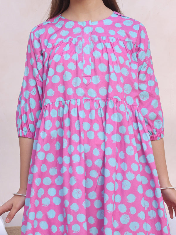 1Pc Printed Pret Kurti Lawn Pink & ferozi - OGKT-2412063