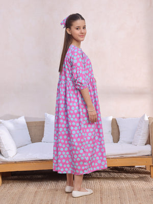 1Pc Printed Pret Kurti Lawn Pink & ferozi - OGKT-2412063