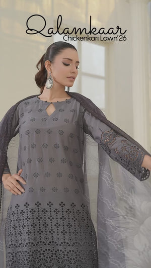 3Pc ChickenKaari Unstitched Suit Lawn Dark Grey - OCBL3P-6434-A