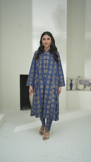 2Pc Screen Print Pret Shirt Trouser cambric Blue Gold- OW2P-2508002