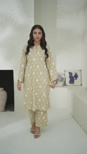 2Pc Screen Print Pret Shirt Trouser Cambric Beige - OW2P-2508020