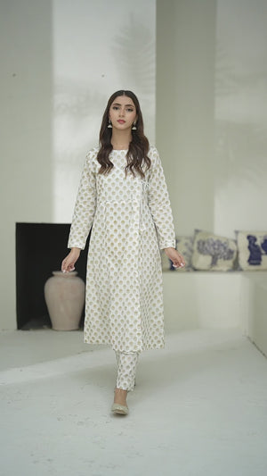 2Pc Screen Print Pret Shirt Trouser Cambric Off White - OW2P-2508010