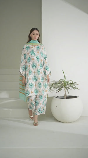 3Pc Screen Print Pret Suit Cambric White & Ferozi - OW3P-2508019