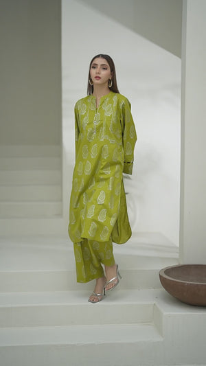 2Pc Screen Print Pret Shirt Trouser cambric Green Silver - OW2P-2508004