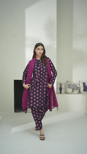 3Pc Screen Print Pret Suit Cambric Black & Magenta - OW3P-2508015