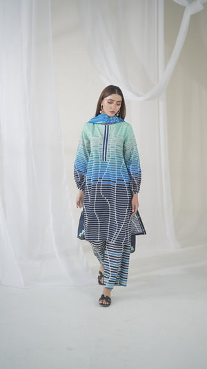 3Pc Printed Unstitched Suit Lawn Blue - OL3P-6369-B