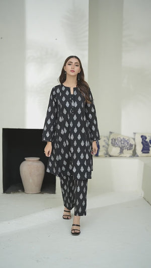 2Pc Screen Print Pret Shirt Trouser Cambric Black - OW2P-2508018