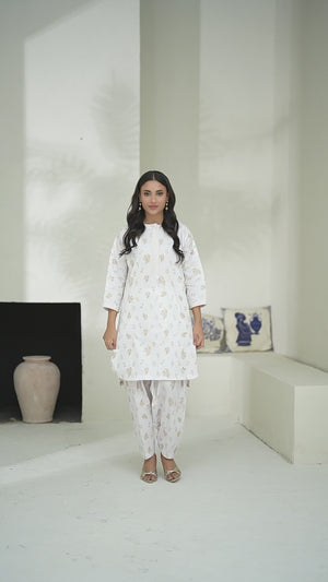 2Pc Screen Print Pret Shirt Trouser Cambric White - OW2P-2508006