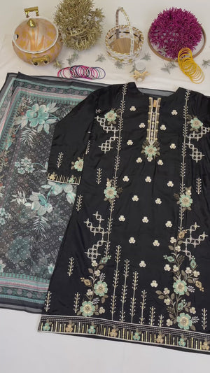 3Pc Embroidered Pret Suit Cotton Silk Black & Sea Green - OWE3P-2601008