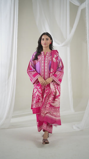 3Pc Printed Unstitched Suit Lawn Red - OL3P-6386-B