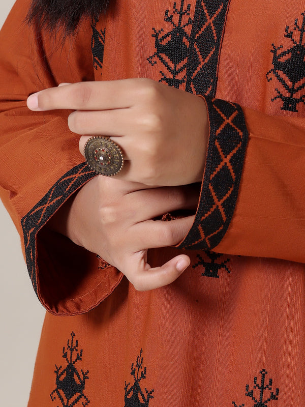2Pcs Embroidered Pret Shirt Trouser Khaddar Orange - OWE2P-25120004-NR-04