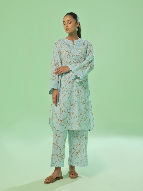 2Pc Embroidered Pret & Unstitched Shirt Trouser Lawn Ferozi